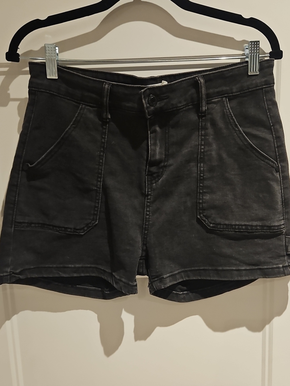 Classic Black Washed Denim Shorts with Front Patch Pockets